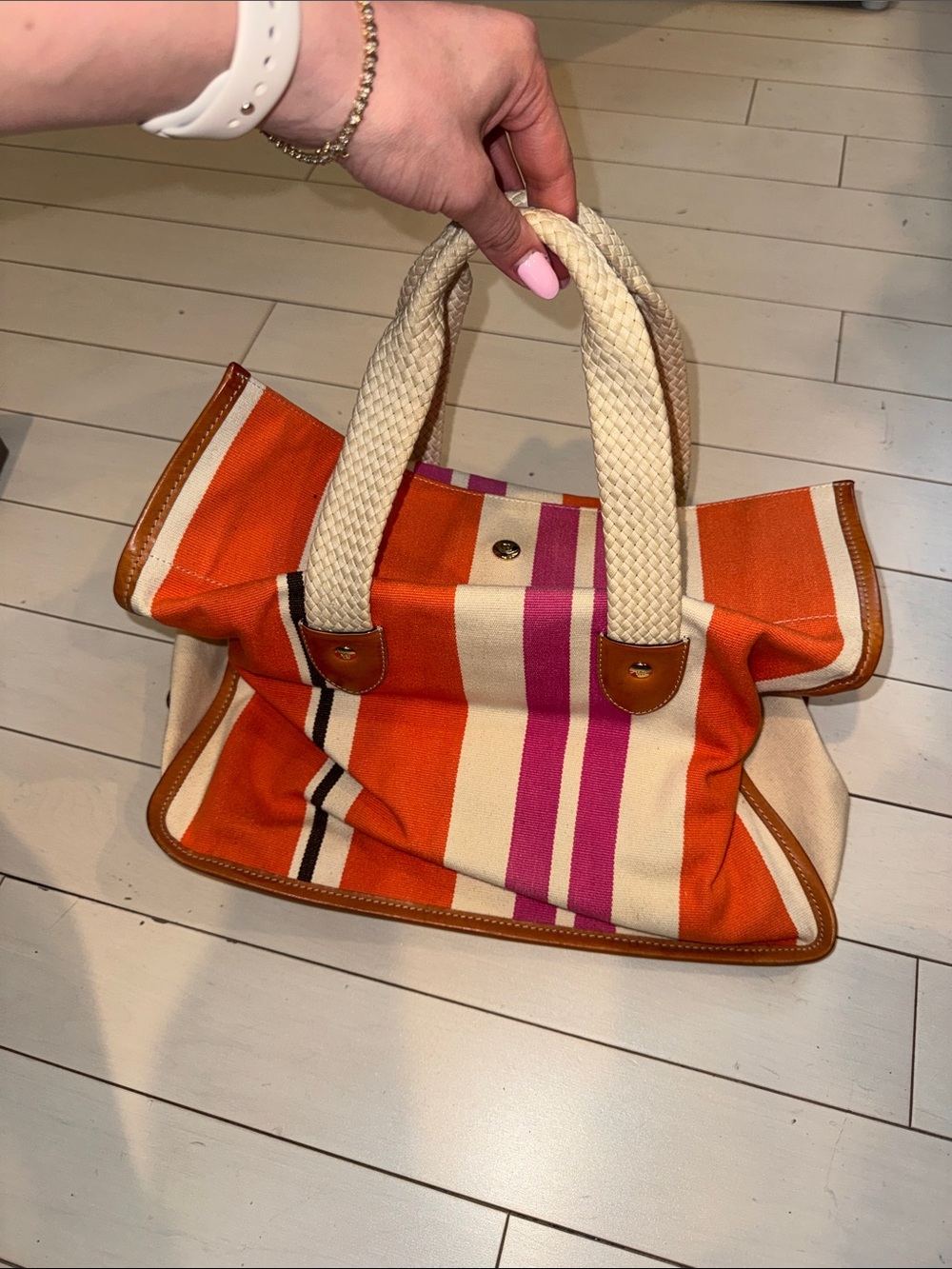 Kate Spade Striped Orange & Pink Canvas Tote with Braided Cream Handles